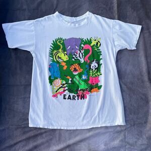Vintage 90's Friends of Earth Nature Tropical Animal White Neon Tee Shirt Sz XL